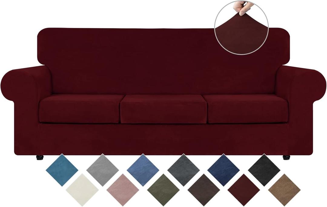 WEERRW Velvet High Stretch Couch Covers for 3 Cushion Couch Sofa Slipcovers, Washable Furniture Protector with Non Slip Elastic Bottom, Feature Soft and Thick Plush Fabric, Burgundy, Large
