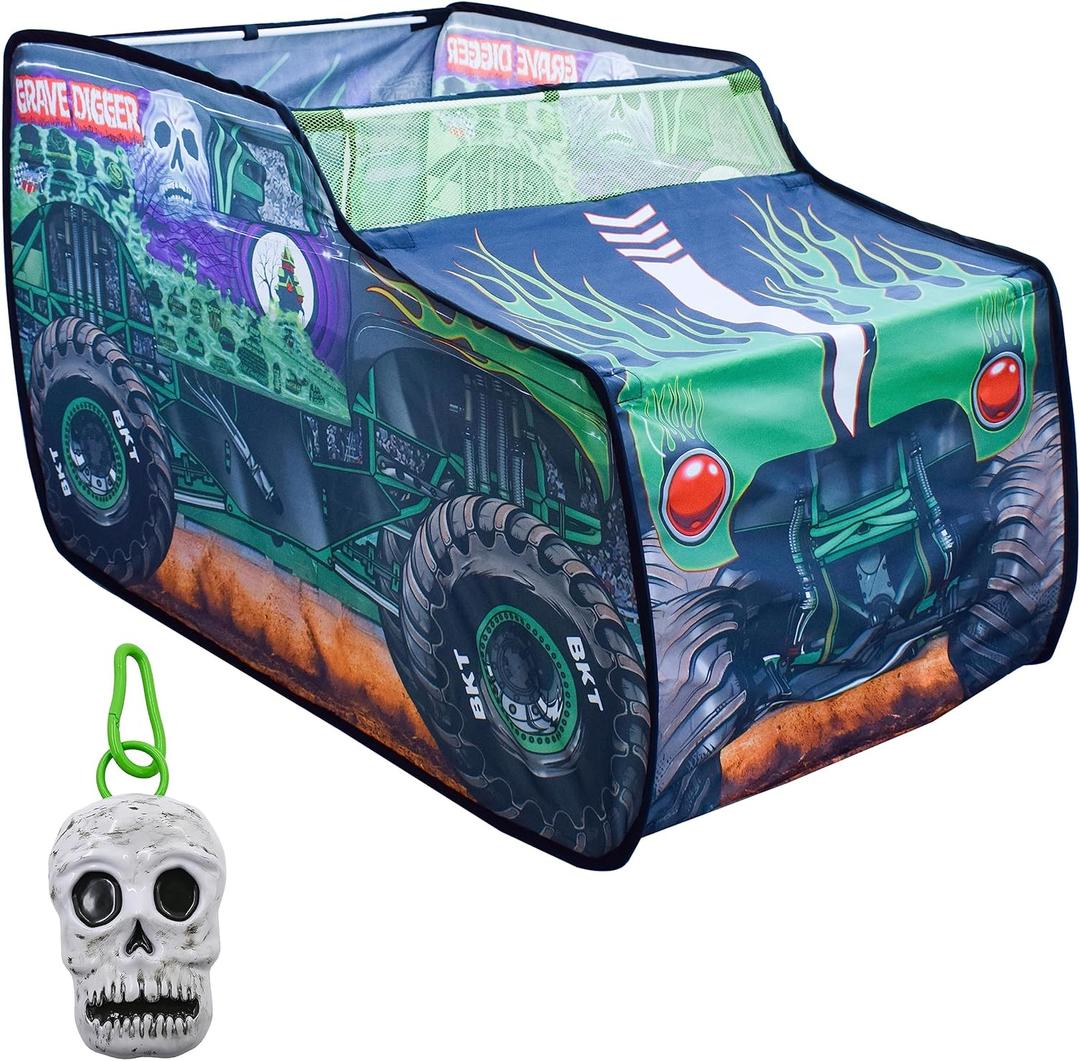 Monster Jam Grave Digger Pop Up Tent  Monster Truck Playhouse for Kids | Removable Skull Key Fob with Vehicle Sounds | Car Toys for Toddlers  Sunny Days Entertainment