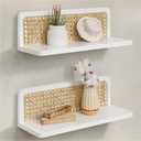 Rattan Wall Shelf 16inch Set of 2, Handmade White Floating Shelves Boho Wall Decor, Rustic Wood Cute Wall Mounted Storage Shelves for Living Room Nursery Bedroom