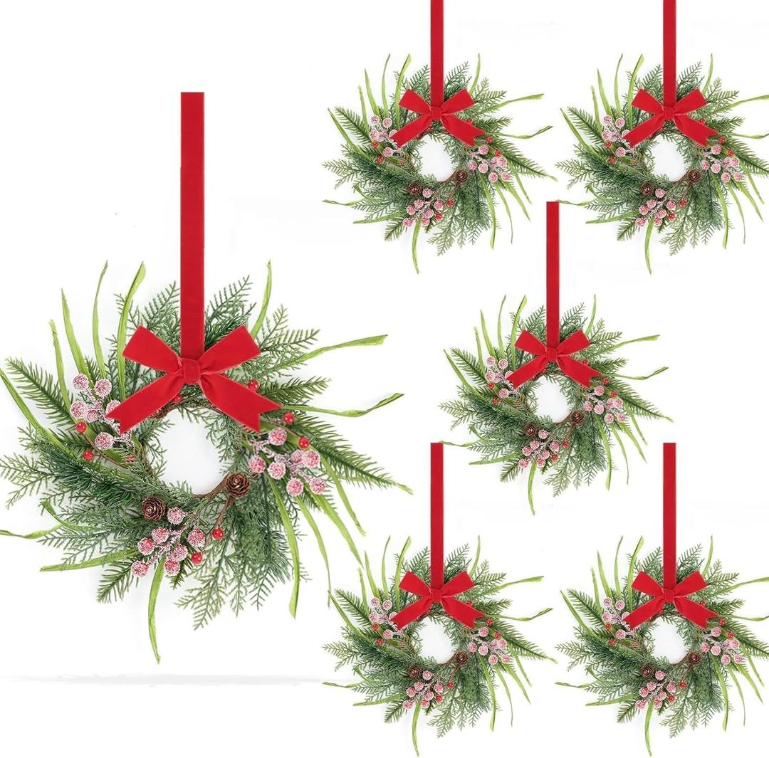 6 Pcs 9 Inch Christmas Wreaths for Kitchen Cabinet Artificial Norfolk Pine Hanging Wreath with Red Berry Pine Needles for Front Door Xmas Snowy Swags Wreaths for Christmas Winter Farmhouse Home Decor