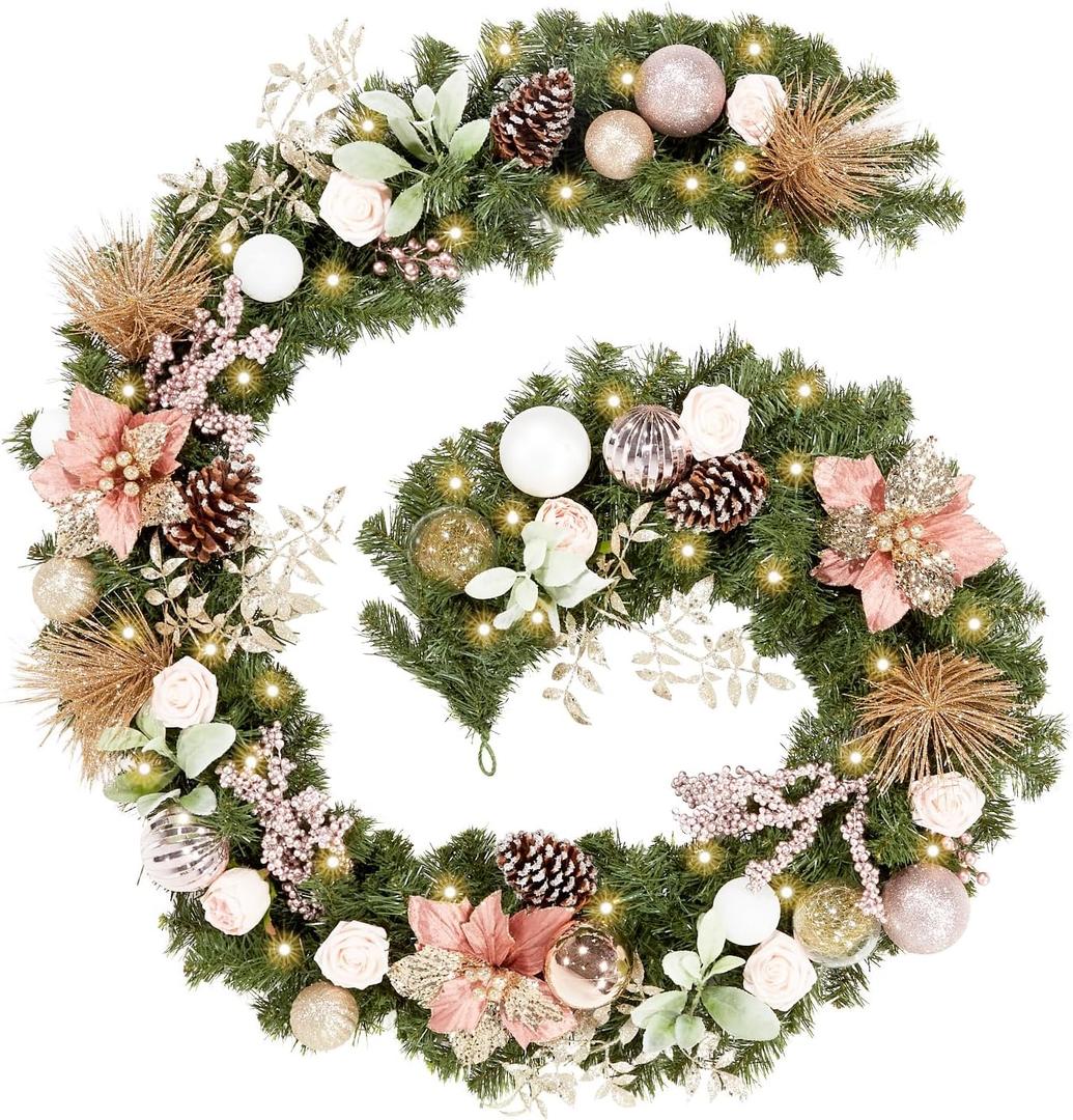 WBHome Pre-lit 9 Feet/108 Inch Christmas Garland, Rose Gold Lighted Garland with 50 LED Lights for Indoor Outdoor Xmas Decor Holiday Decorations, Battery Operated (Batteries NOT Included)