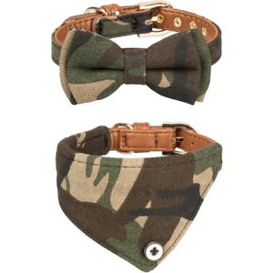 Small Dog Collar Puppy Cat Tiny Pet Bow Tie & Bandana 2pcs Set PU Leather Canvas Scarf Durable camo-Green (S: 9"-11.5")