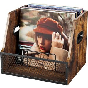 Vinyl Record Storage,Wooden Crate Vinyl Holder with Dividers for Albums & Magazine Rack Organizer for 60+ Records Case Box for 7/10/12 inch (Rustic Brown)
