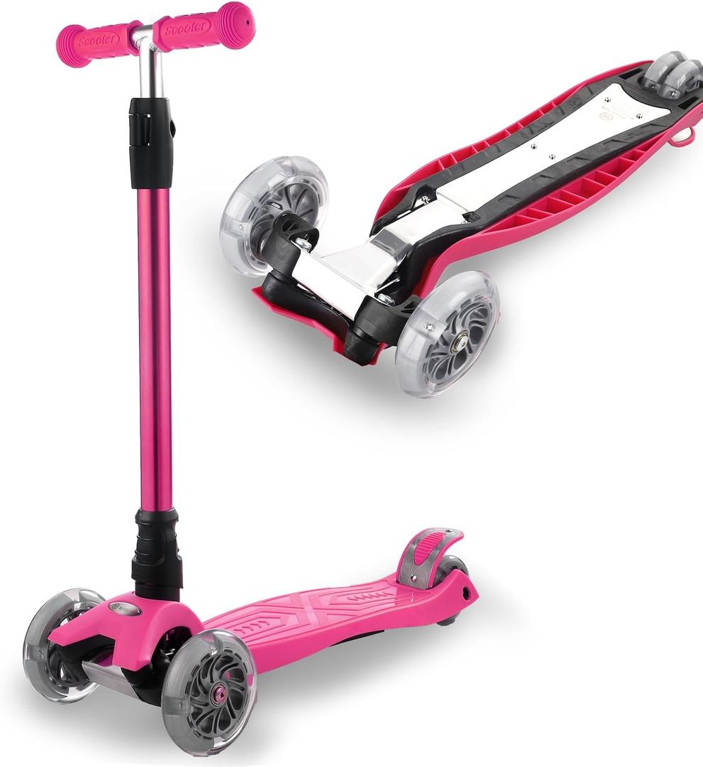 3 Wheel Scooter for Kids Ages 6-12,Kids Scooter with Light Up Wheels, Sturdy Deck Design, and 4 Height Adjustable Suitable for Kid Ages 3-12, Pink