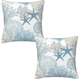 Nautical Coastal Beach Pillow Covers 16x16 Set of 2, Ocean Themed Seashell Coral Starfish Throw Pillow Covers Outdoor Decorative Pillow Case for Couch Bed Sofa Cushion Home Decor