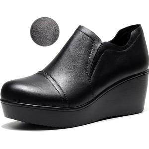 Women's Leather Wedge Heel Slip On Booties Comfort Round Toe Non Slip Platform Ankle Boots Casual Shopping Walking Loafers (8, Black-velvet)