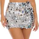 YYA Women's Sequin Skirts Shiny Sparkle Holiday Mini Bodycon Skirts for Night Out Party Holiday Outfit,S-2XL (Silver, M)