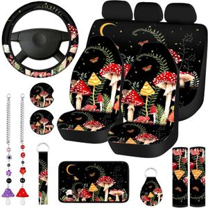 17 Pcs Mushroom Car Seat Covers Car Accessories Full Set for Women Men Automotive Rear Front Seat Protector View Mirror Hanging Ornament Steer Wheel Belt Cover(Forest Mushroom)