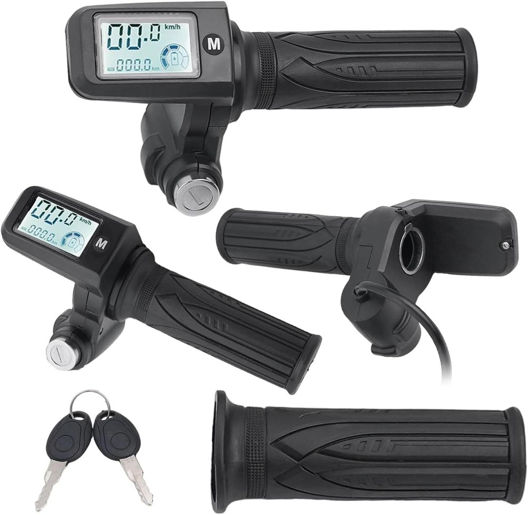 E-Bike Throttle Grip, Electric Bicycle Scooter Handlebar with LCD Battery Voltage Display, Key Knock, Support 36V Or 48V, 60V, 72V, 3 Gear Adjustable Speed Control(6pin)
