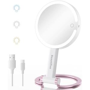 Beautifive 7" Magnifying Mirror with Light, Rechargeable Double-Sided 10X/1X Handheld Mirror with Light, Stepless Dimming Touch 3 in 1 Hand Held Mirrors for Desk Hanging, Pink Detachable Base