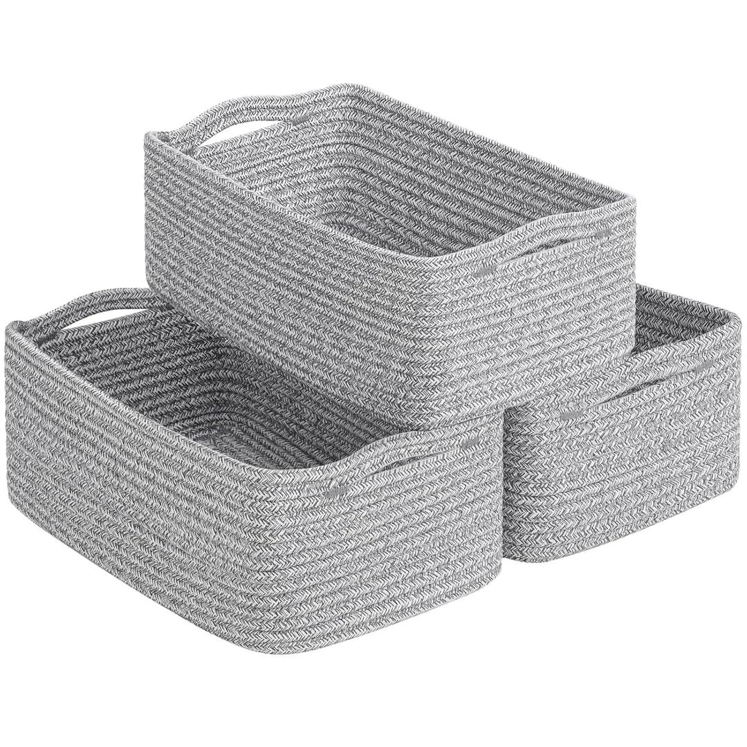 Goodpick Storage Baskets, Small Baskets for Organizing, Toy Storage for Gifting, Woven Rope Shelf Organizer for Nursery Organization 3 Pack, White & Gray, 11 x 7 x 4.5 in