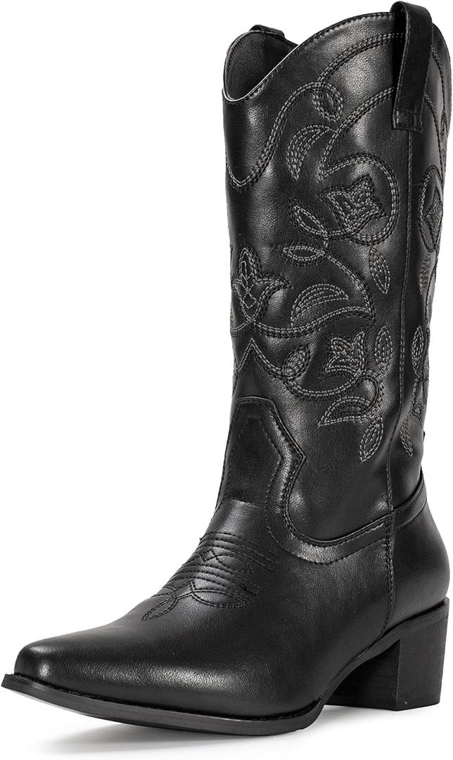 IUV Cowboy Boots For Women Pointy Toe Women's Western Boots Cowgirl Boots Mid Calf Boots (6.5, Black)
