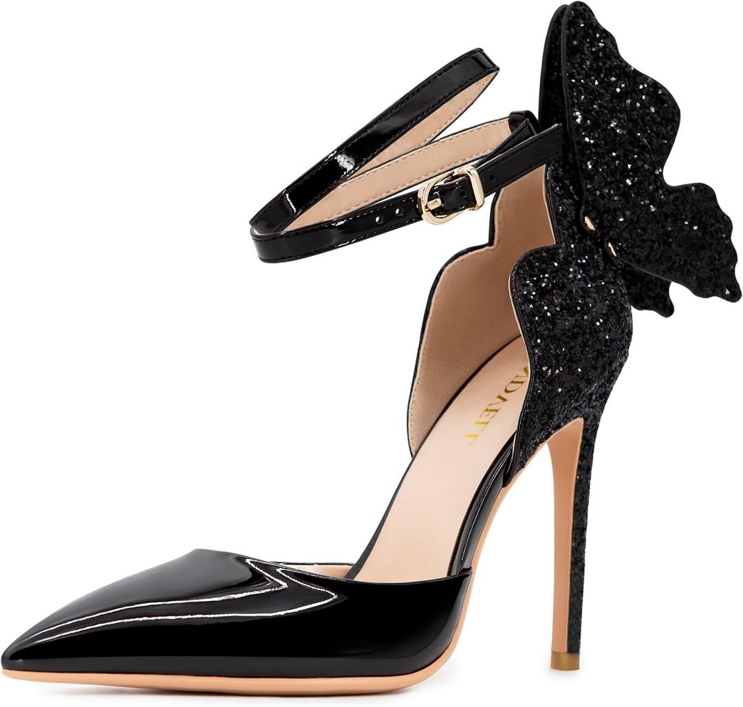 Gold High Heels Butterfly Back Sexy Stiletto Pumps Closed Toe Sparkly Ankle Strap Heels Sandals Dress Shoes for Women (8, Black)