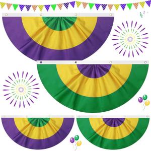 Irenare 4 Pcs Mardi Gras Burlap Bunting Flag New Orleans Mardi Gras Bunting Pleated Fan Flag Banner with Brass Grommets for Masquerade Carnival Party Supplies Decorations Outdoor