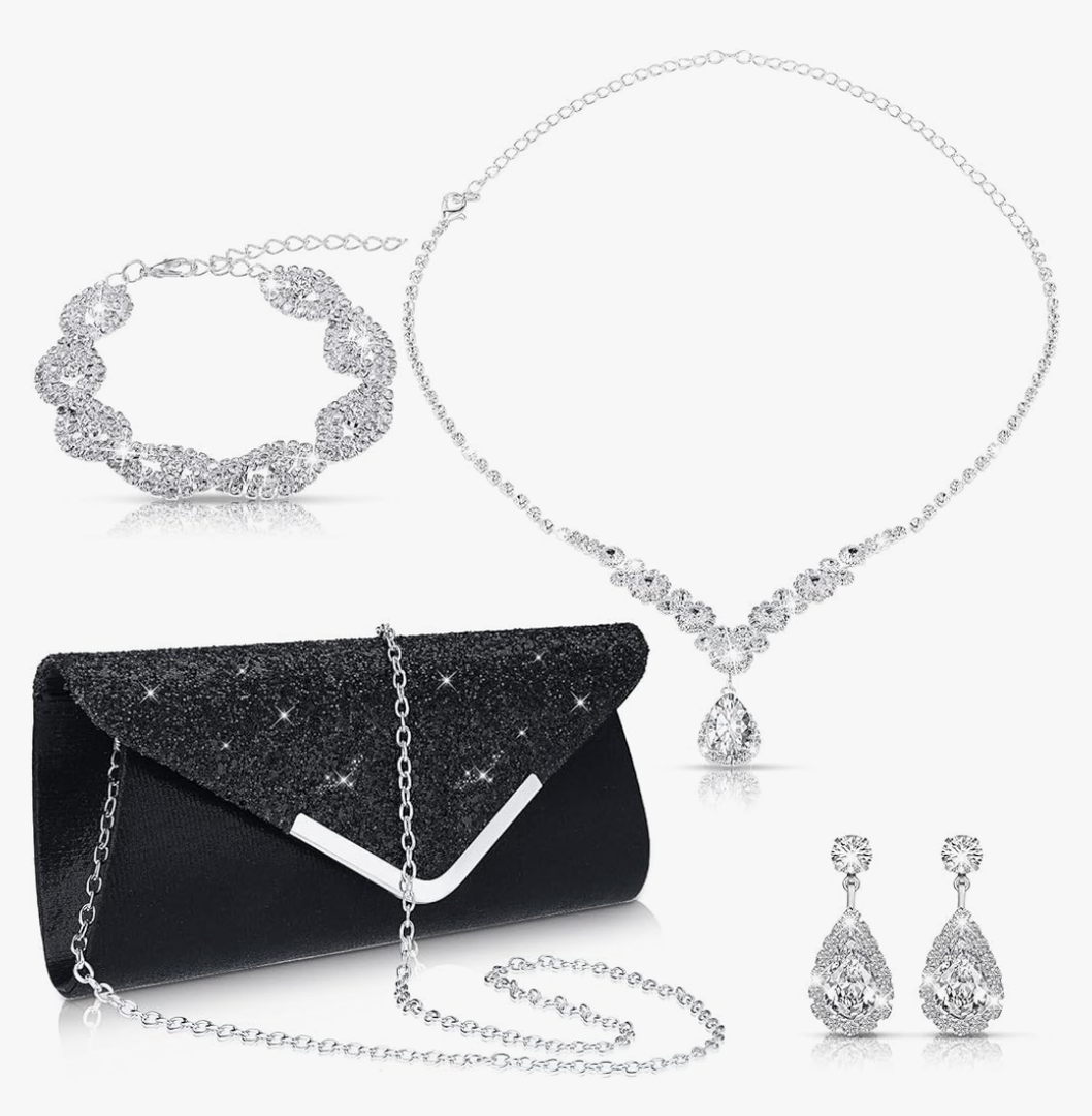 4 Pcs Women Rhinestone Jewelry Set Floral Wave Teardrop Crystal Wedding Necklace Earrings Floral Cluster Wave Bracelet Glitter Envelope Evening Bag Handbag Party Bridal Purse