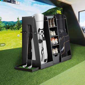 55.5" Wooden Golf Bag Organizer and Storage Rack with 2-Bag Capacity & Drawers, Golf Club Storage Rack with Side Club Holders, Easy Assembly Golf Club Stand for Sports (Black)