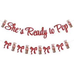 She's Ready to Pop Banner - Retro Soda Fountain Baby Shower Decor, Red Coquette Soda Theme Gender Reveal Party Decorations Red Glitter