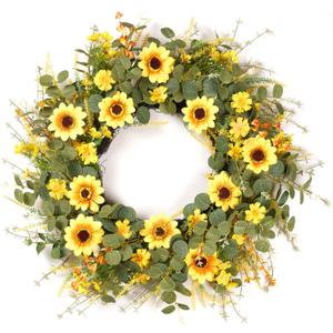24" Sunflower Wreath for Front Door - Artificial Floral Lush Summer Wreath with Adjustable Headband & DIY Decor for Wall, Home, Wedding, Party (Yellow)