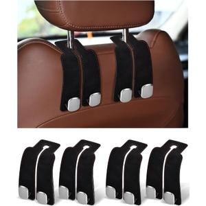 Headrest Hooks for Car, 4 Pack Car Seat Back Organizer Storage Hook, Double Hook Car Seat Hooks for Hanger Purses and Bags, Leather Purse Holder for Car, Black