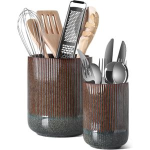LE TAUCI Utensil Holder, 7.3"+5.4" Ceramic Kitchen Utensil Holder for Countertop, Black Cooking Utensil Crocks for Kitchen Counter, Morden Utensil Organizer for Spatula, Set of 2, Marble Dark Olive