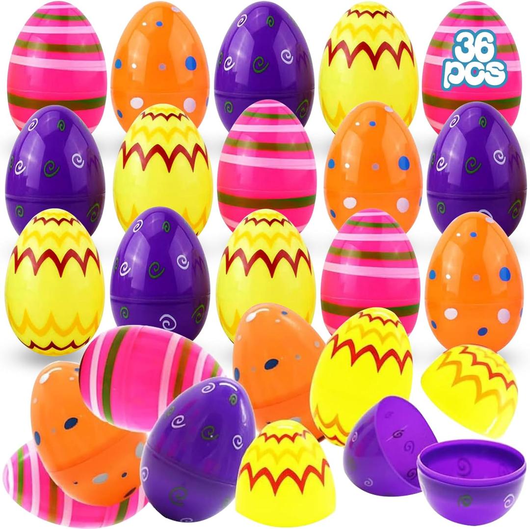 36PCS 3.15" Printed Easter Eggs, Empty Fillable Colorful Plastic Eggs Bulks for Easter Hunt, Party Favor, Basket Stuffers Filler, Classroom Prize Supplies