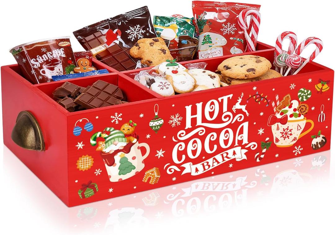 Christmas Hot Cocoa Bar Wood Station Organizer Countertop with 4 Compartment Cocoa Decorative Storage Bins Vintage Open Holder Box for Xmas Holiday Gift Party Home Supplies (Colorful Pattern)