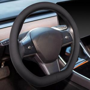 KAFEEK Steering Wheel Cover for Tesla Model 3/Y, Premium Leather Steering Wheel Cover 14-14 1/4 inch, Ultra-Thin, Breathable, Non-Slip, for Tesla Accessories, Black