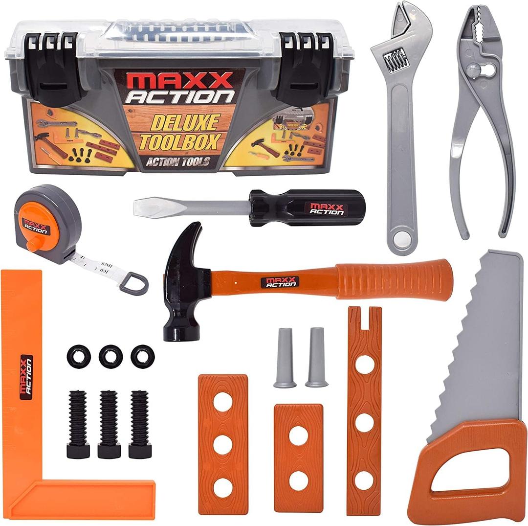 Sunny Days Entertainment Maxx Action 18 Piece Deluxe Tool Box – Construction Playset with Tape Measure and More Tools | Pretend Play Toy Set for Kids