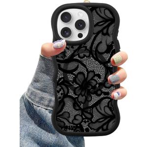 Magnetic Case for iPhone 13 Pro, Compatible with MagSafe, Cute Black Lace Flower Aesthetic Soft Silicone Curly Wavy Shockproof Protective Phone Cover for Women Girls