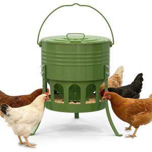 Metal Chicken Feeder No Waste, 20 Lbs Large Automatic Chicken Feeder with 12 Ports, Adjustable Height Poultry Feeder with Lid & Handle, Rat Proof Rust Proof Feed Box for Poultry & Backyard Chickens