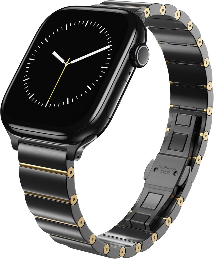 LULULOOK Compatible with Apple Watch Bands for Women 46mm 45mm 44mm 42mm 41mm 40mm 38mm, Metal Stainless Steel iWatch Strap for Apple Watch Series 11/10-1/SE Series (Black+Gold)