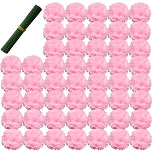 Artificial Carnation Flower, 50pcs Silk Faux Flower Heads with Stem, for DIY Wreath, Wedding Decor, Handmade Flowers, Table Centerpieces, Home Decor, Baby Shower, Graduation Decor (50, Pink)