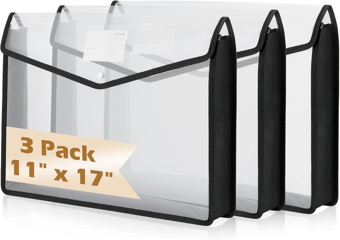 3 Pcs 11 x 17 Inch Expandable Tabloid Size Document Folder with Label A3 Plastic Folders for Documents Expanding File Wallet Envelope Size (3, Black)