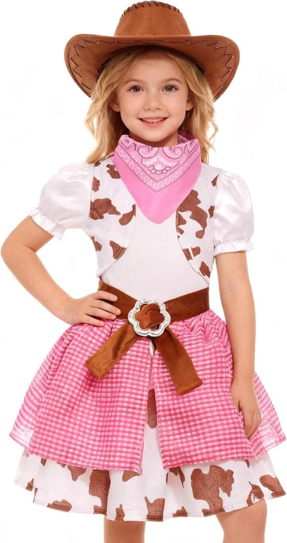SIZGAROOT Cowgirl Costume for Girls with Hat Halloween Party Dress Up (7-8 Years, Pink)