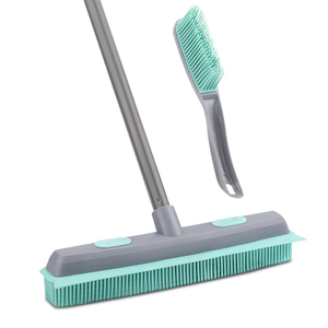 Rubber Broom Carpet Rake for Pet Hair, Fur Remover Broom with Squeegee, Portable Detailing Lint Remover Brush 
