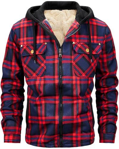 HVERDE Men's Winter Cotton Plaid Shirts Jacket Warm Fleece Lined Flannel Hooded Shirt Jacket Coat for Men Red(A148) L