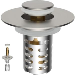 Universal Metal Bathroom Sink Drain Strainer Hair Catcher Upgraded 3 in 1 Pop-up Sink Stopper, with Detachable Stainless Steel Filter Basket, Fit for Standard 1.1''~2.36'' Basin Hole, Brushed Nickle, 1 Pack