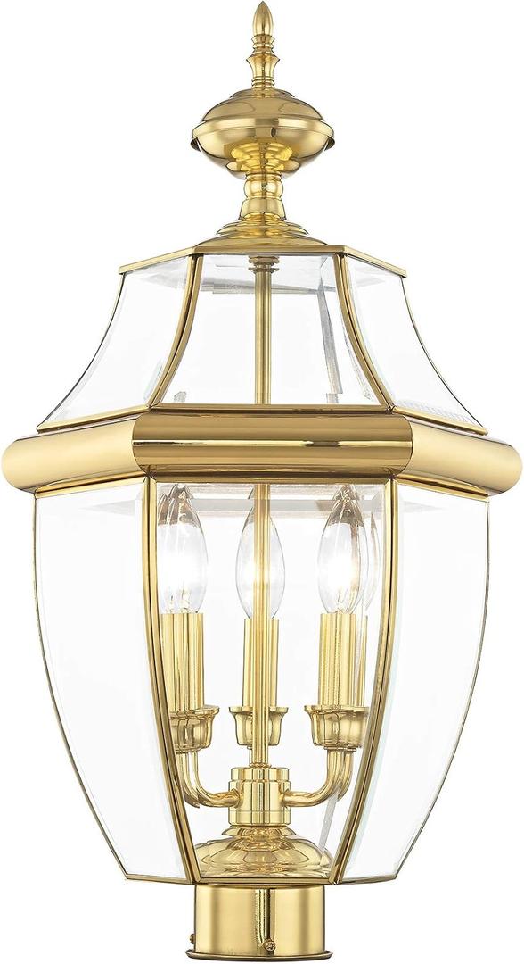 Livex Lighting Lantern 2354-02 Monterey 3 Light Outdoor Polished Brass Finish Solid Brass Post Head with Clear Beveled Glass, 17" x 9" x 11"