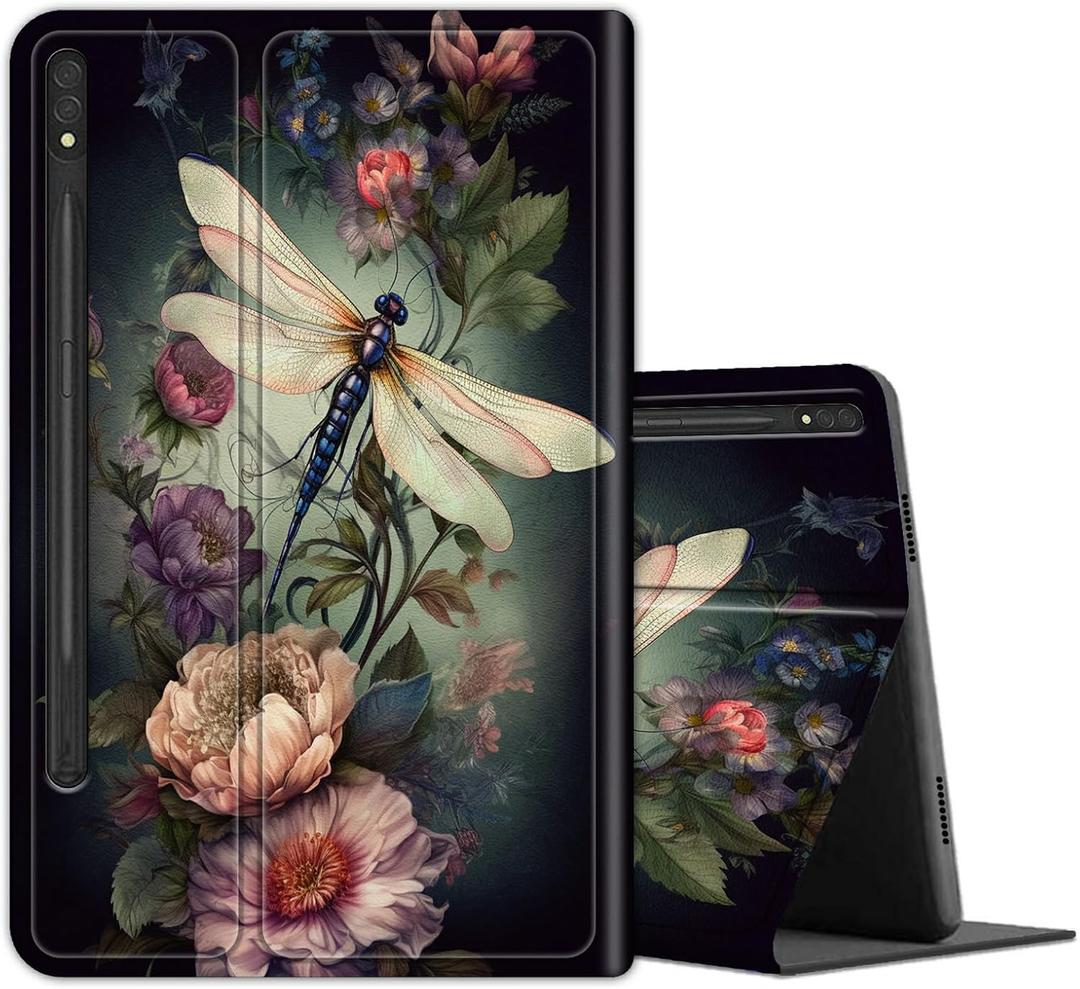 Case for Samsung Galaxy Tab S9 Plus/S9 FE Plus 5G 12.4 Inch Tablet 2023 (Model SM-X810/SM-X816B/SM-X818U/SM-X616B), Leather Multi-Angle Stand Cover with Auto Sleep/Wake, Dragonfly Peony
