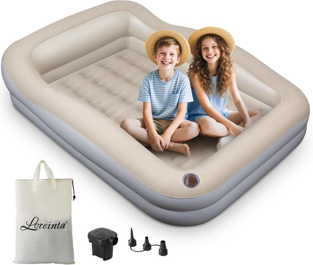 Inflatable Toddler Travel Bed  Portable Toddler Bed with Safety Bumpers, Toddler Floor Bed for Travel, Camping, Sleepovers  Kids Blow Up Bed with Pump & Carry Bag (Grey)