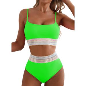 Herseas Women's Bikini Sets Colorblock Trim 2 Piece High Waisted Swimsuit Scoop Neck Adjustable Spaghetti Straps Bathing Suit (Large, Bright Green)