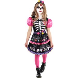 Morph Day Of The Dead Costume For Kids Girls - Colorful Sugar Skull Outfit For Halloween Celebrations (3-4 Years)