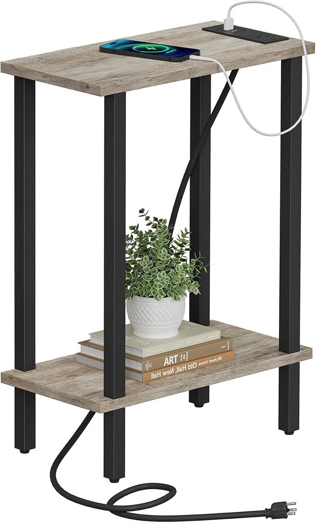 TUTOTAK Small End Table with Charging Station, Narrow Side Table with USB Ports and Outlets, Skinny Sofa Table, Slim Nightstand, Living Room, Bed Room, Greige TB01BG060, 2-Tier7.9"D x 15.8"W x 22.5"H
