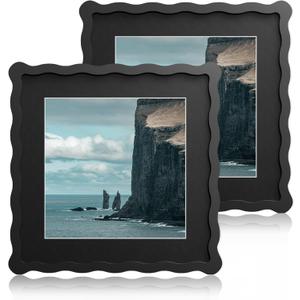 10x10 Wavy Picture Frame With Mat For 8x8, Wavy Edge Wooden Picture Frame with Real Glass - Wall Mount and Tabletop Display, Black, 2 Pack
