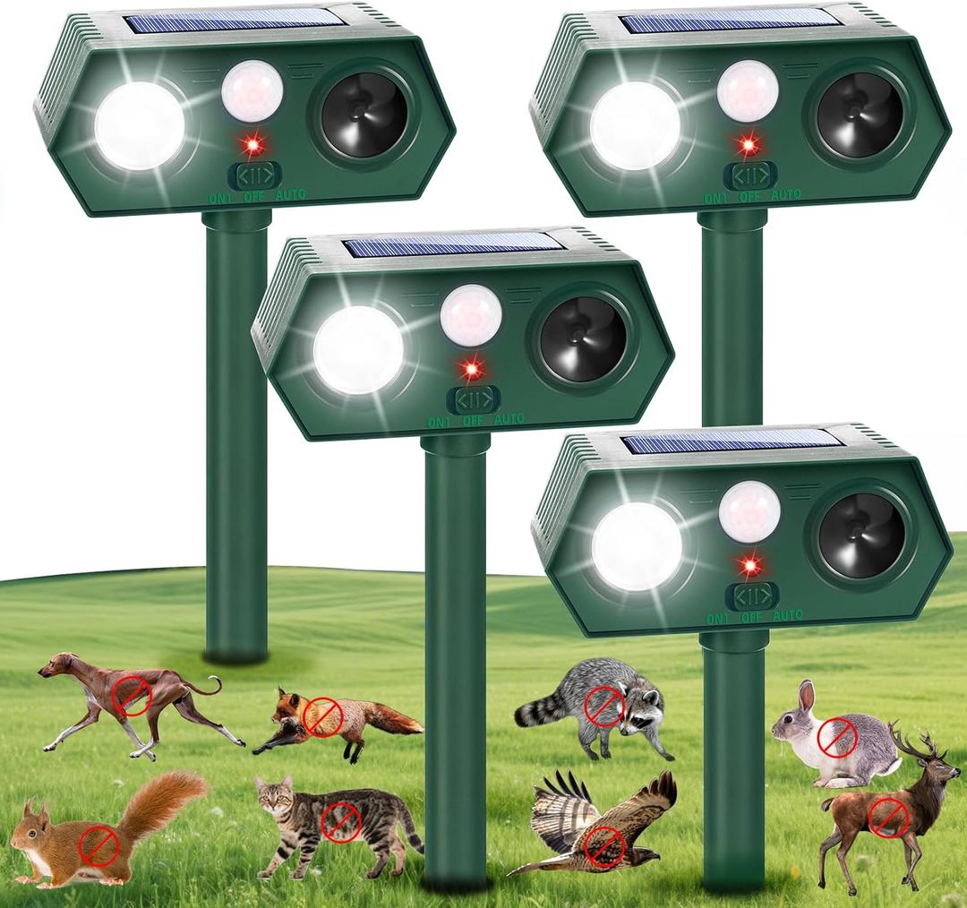 2025 Solar Ultrasonic Racoon Fortress Pro, Animal Repeller Deer Cat Repellent Devices Squirrel Rabbit Deterrent Outdoor with Motion Sensor&Flash Light to Scare Dog Skunk Out of Garden Yard(4 Pack)