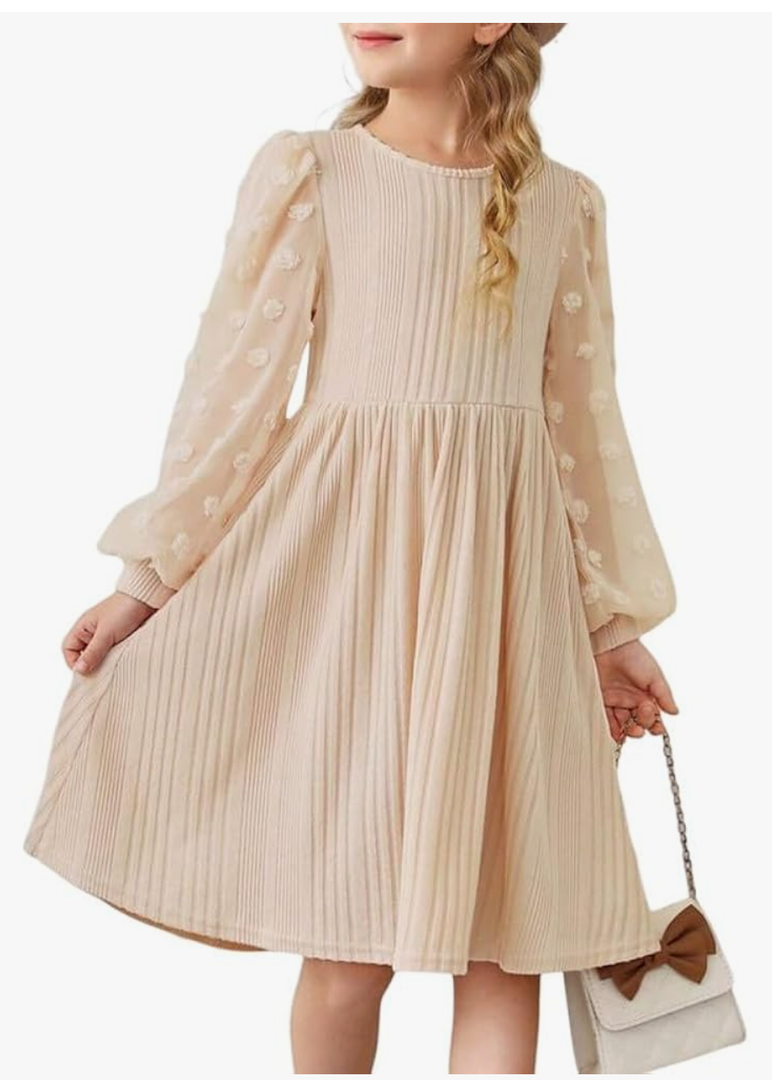 Girls Fall Long Sleeve Knit Dresses Casual Crewneck Swiss Dot A-line Dress, 14-15 Years