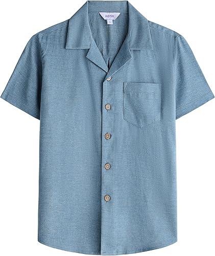 Boys Linen Shirts Button Down Short Sleeve Casual Summer Beach Shirt Cuban Collared Shirt with Pocket (6, Denim Blue)