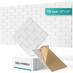 Soundsbay Acoustic Panels Self Adhesive, 12 Pack High Density Sound Proof Foam Panels for Walls, 12" X 12" X 0.4" Soundproof Wall Panels, Brick Acoustic Wall Panels for Home, Ceiling White