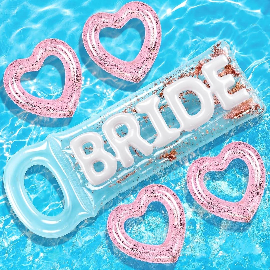 Junkin 5 Pcs Bachelorette Pool Floats Set Include 72" x 20" Inflatable Glitter Bride Pool Float and 4 Heart Beach Floats, Outdoor Swimming Bachelorette Party Decors for Summer Beach