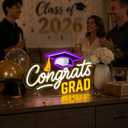 Congrats Grad Neon Sign with Graduation Cap, Dimmable LED Neon Light for Class of 2026 Graduation Party Decorations, Grad Neon Sign for Classroom Dorm Prom Backdrop Wall Decor Celebration Gifts